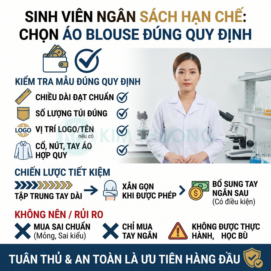 Sinh viên mặc áo blouse trắng tay dài đúng quy định trong phòng thí nghiệm, hướng dẫn chọn áo blouse tiết kiệm